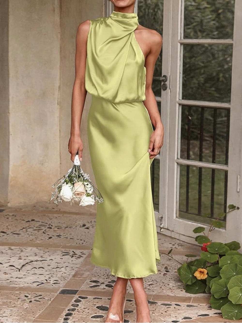 Elegant Sleeveless Olive Midi Dress with Twisted Halter Neck